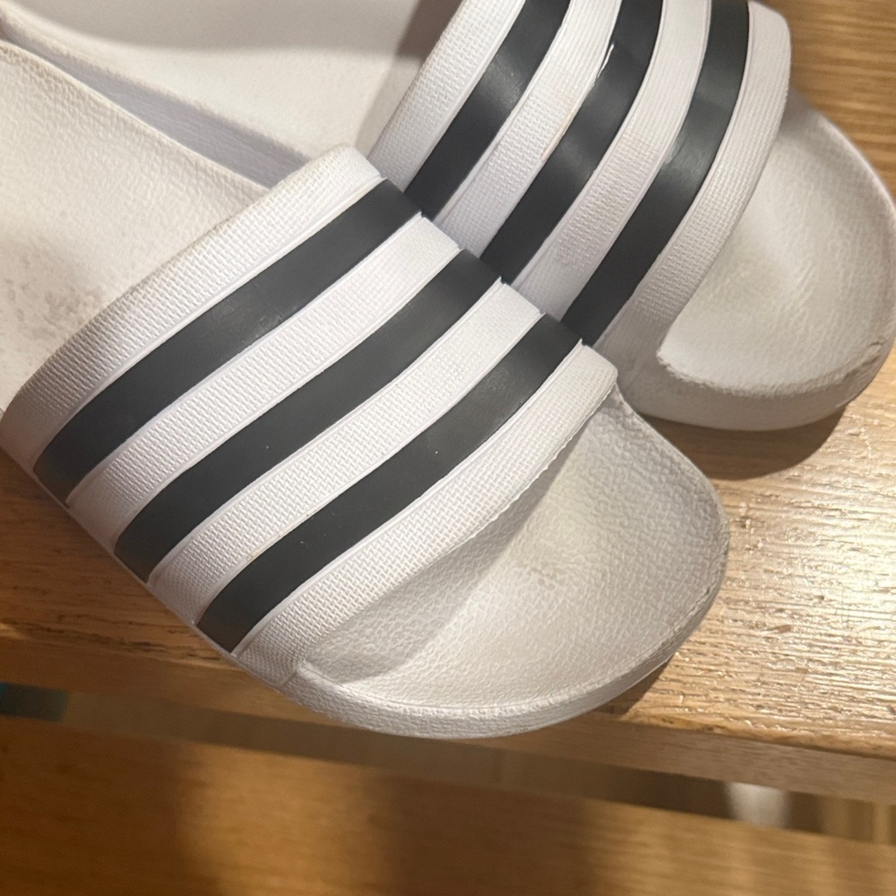 Adidas White Slides with Black Stripes - Picture 2 of 6